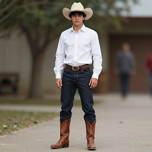Photograph of a young man in a white shirt, blue jeans, brown cowboy boots, and white cowboy hat, standing confidently on a suburban sidewalk.