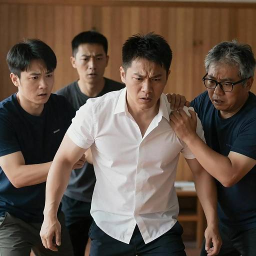 Tension Among Four Asian Men in Wood Room