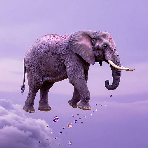 Photograph of a gray, airborne elephant with large tusks, surrounded by floating purple bubbles, against a purple and white cloudy sky.
