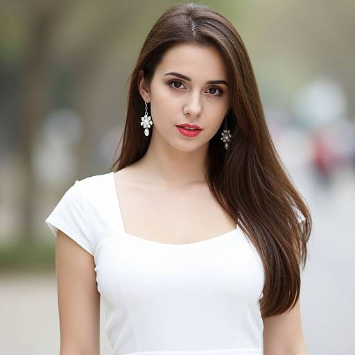 Photograph of a young woman with long dark brown hair, wearing a white blouse and star-shaped earrings, standing outdoors with a blurred green and white background