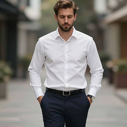 Photograph of a handsome, bearded man with light brown hair, wearing a crisp white dress shirt, black pants, and a black belt, standing