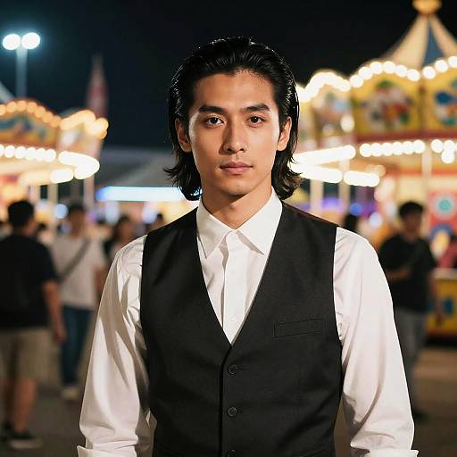 Photograph of a young Asian man with medium-length black hair, wearing a white shirt and black vest, standing in front of a brightly lit, colorful