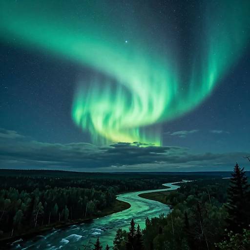 Photograph of vibrant green Northern Lights illuminating a night sky over a winding river, dense forest, and starry background.