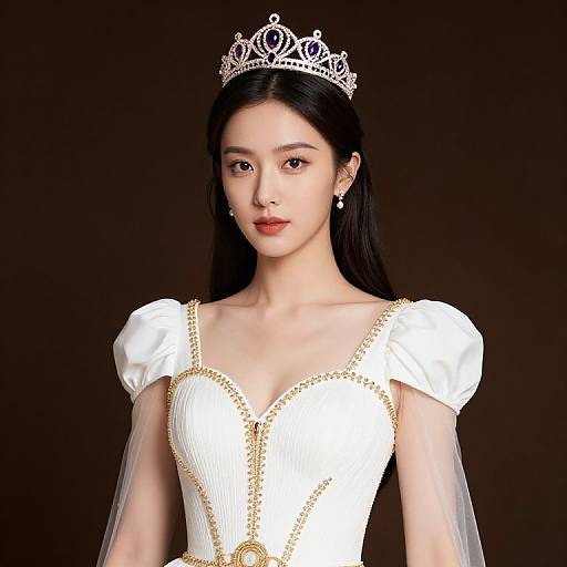 Photorealistic digital portrait of an Asian woman with long black hair, wearing a silver tiara, white dress with gold trim, and pearl earrings,