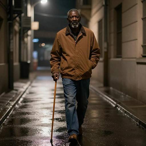 Man with Cane in Rainy Alley