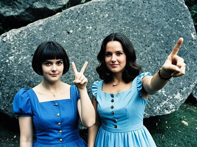 Photograph of two women with short black hair, wearing blue dresses, posing with peace signs in front of large rocks.