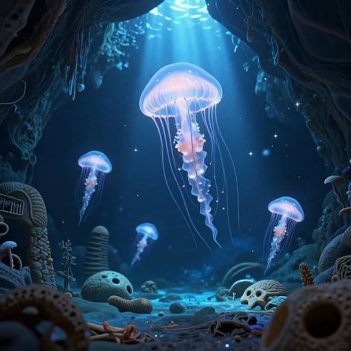 Photograph of a dark underwater cave with glowing blue jellyfish, skeletons, and various sea creatures, illuminated by bright light from above.