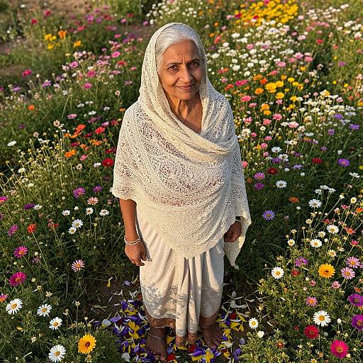 Photograph of an elderly Indian woman with a white lace headscarf and cream dress, smiling in a vibrant field of colorful wildflowers.