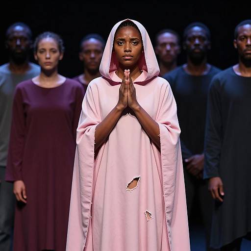 Serious Woman in Pink Cloak on Stage