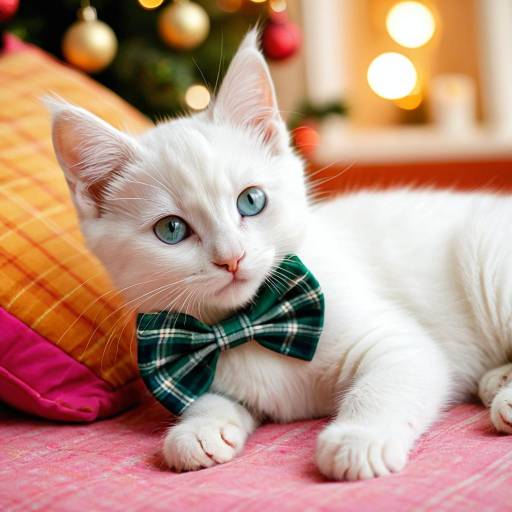 White Kitten with Green Christmas Bow