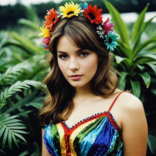 Young Woman with Multicolored Dress and Floral Headband