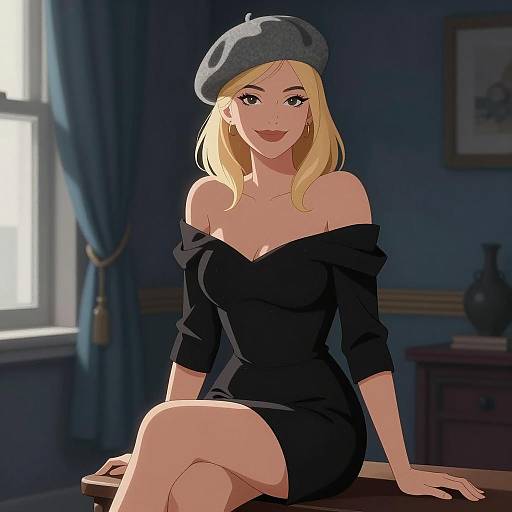 Confident woman in black dress and grey beret