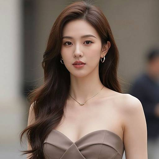 Photograph of a beautiful Asian woman with long, dark brown hair, wearing a strapless, taupe dress and small hoop earrings, standing outdoors with