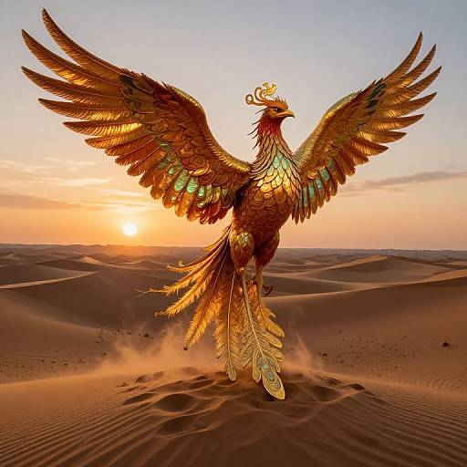 Golden phoenix with outstretched wings and iridescent feathers stands in a desert at sunset, creating a majestic, surreal scene.