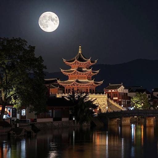 Ancient East Asian Pagoda Under Full Moon