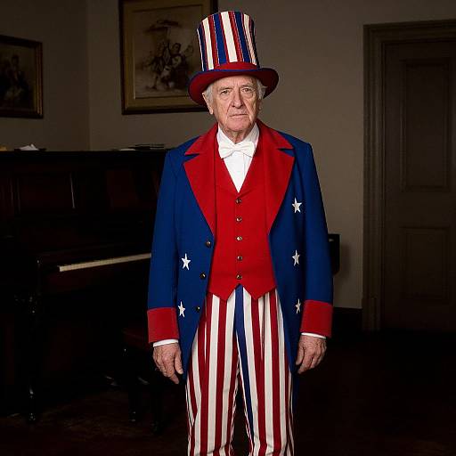 Photograph of elderly white man in patriotic top hat, blue jacket with red trim and stars, red vest, and striped pants, standing in dimly