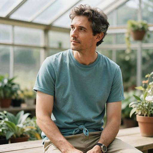 Thoughtful Man in Sunlit Greenhouse
