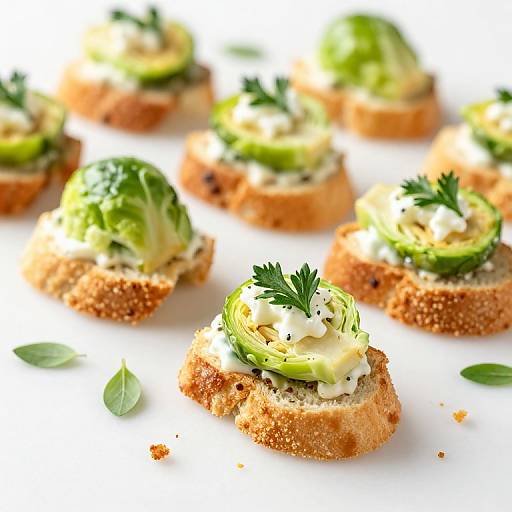 Photograph of mini baguette slices topped with avocado, cream cheese, and parsley, arranged on a white plate with a shallow depth of field.