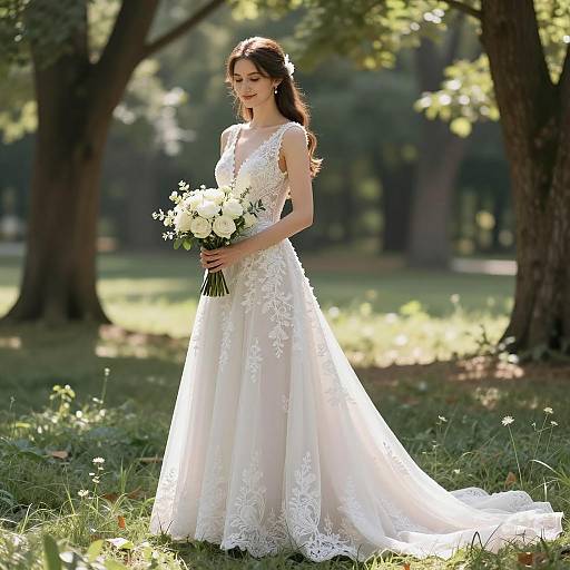 Bride in Lace Wedding Dress in Forest