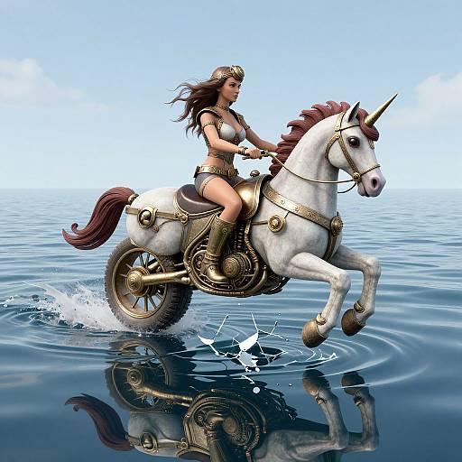 Digital illustration of a warrior woman with long brown hair riding a white unicorn-like horse with golden reins, splashing through calm blue water, reflecting in the
