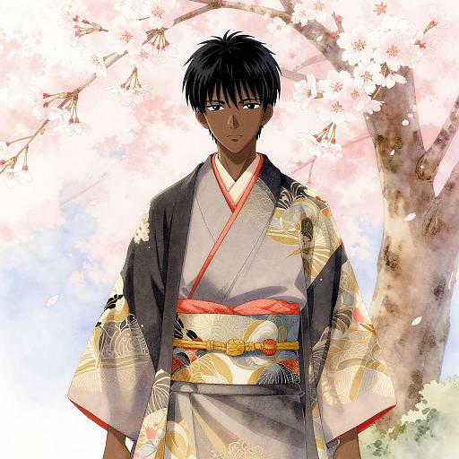 Elegant Black Femboy Anime in Kimono