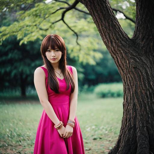 Young Woman in Pink Dress by Tree