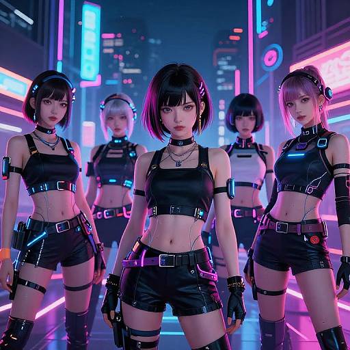 Digital artwork of five anime-style women in neon-lit city, wearing black leather outfits with belts, gloves, and thigh straps, standing confidently. Vibr