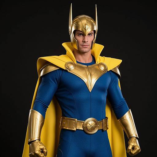 Photograph of a muscular man in a blue superhero costume with gold armor, yellow cape, and helmet, standing against a black background.