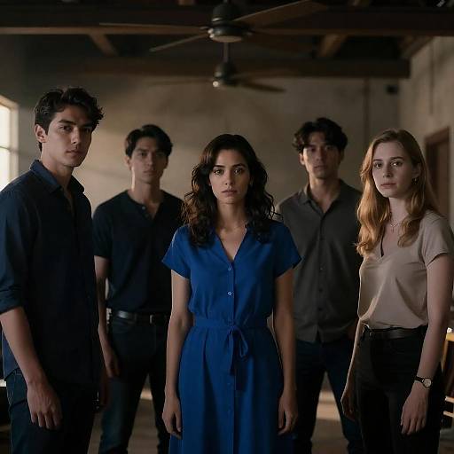 Group of Young Adults in Dimly Lit Industrial Room