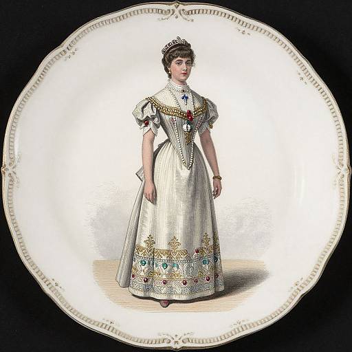 Victorian-style digital illustration of a woman in an elaborate white dress with gold and multicolored embroidery, standing within an ornate circular frame.