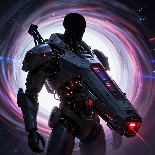 Silhouetted futuristic robot with glowing red and blue lights, holding a large, detailed gun, set against a swirling, colorful cosmic background. Digital