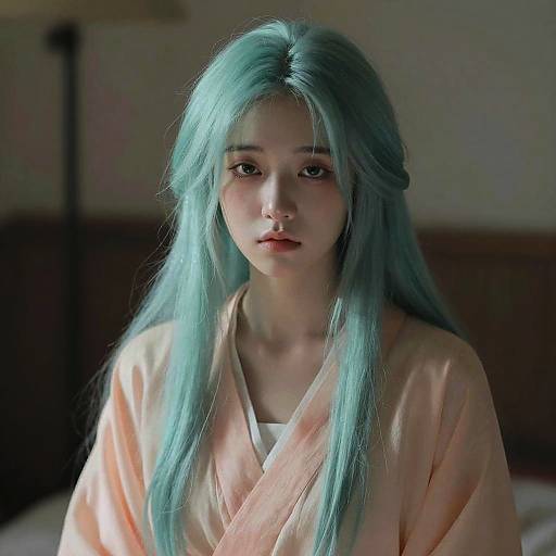 Soft Teal-Haired Anime Woman Portrait