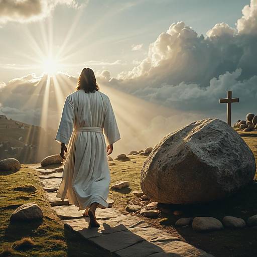 Resurrected Jesus Walking from Empty Tomb at Sunrise