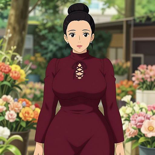 Digital anime-style illustration of a fair-skinned woman with black hair in a bun, wearing a maroon dress with lace-up detail, standing in a