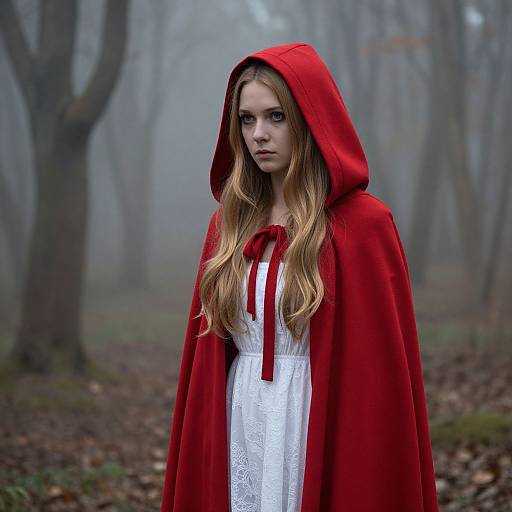 Mysterious Woman in Red Hooded Cloak