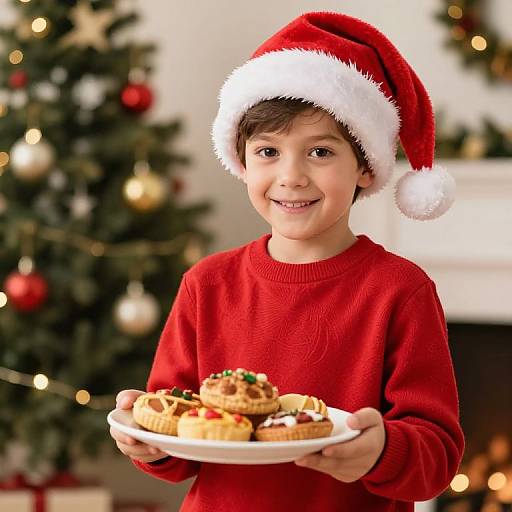 Photograph of a smiling young boy in a red Santa hat and sweater, holding a plate of Christmas cookies, standing in front of a decorated Christmas tree