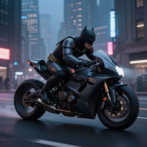 Photograph-style CGI of Bateman in black armored suit and helmet, riding a sleek black motorcycle through a neon-lit, foggy city street.