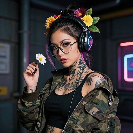 Photograph of a tattooed woman with dark hair in a bun, wearing headphones with colorful flowers, glasses, black crop top, camouflage jacket, holding