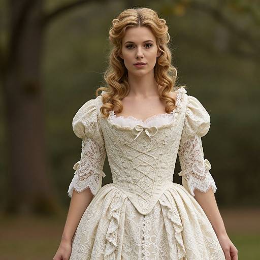 Photograph of a blonde woman with curled hair, wearing a detailed, white lace Victorian dress, standing in a blurred forest background.