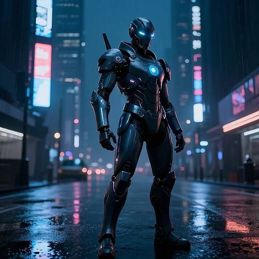 Cybernetic humanoid stands in neon-lit, rainy city street, glowing blue lights highlighting its metallic armor. Digital art, sci-fi, futuristic