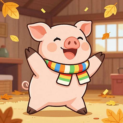 Cartoon pig with pink skin, smiling, arms raised, wearing colorful striped scarf, standing in autumn barn with falling leaves. Digital art.