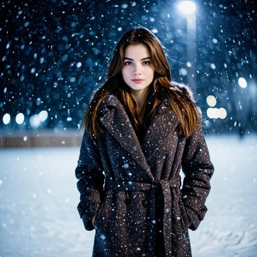 Woman in Winter Coat on Snowy Night