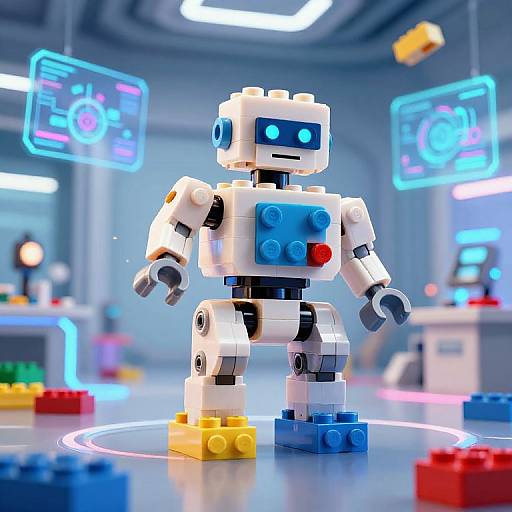 Digital CGI image of a white, blocky robot with blue and red buttons, standing on a blue base in a futuristic lab, surrounded by neon screens