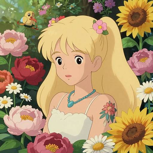 Anime-style digital illustration of a blonde girl with pigtails, wearing a white dress and blue necklace, surrounded by colorful flowers and a bird, in