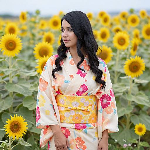 Photograph of a young woman with long black hair in a colorful floral kimono, standing in a sunflower field.