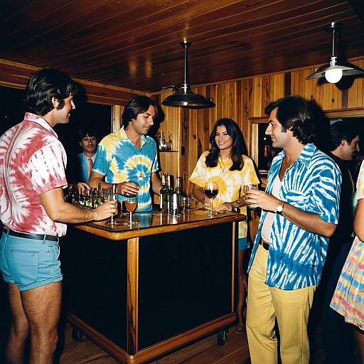 People in Tie-Dye Shirts Socializing in 1970s Cabin Bar
