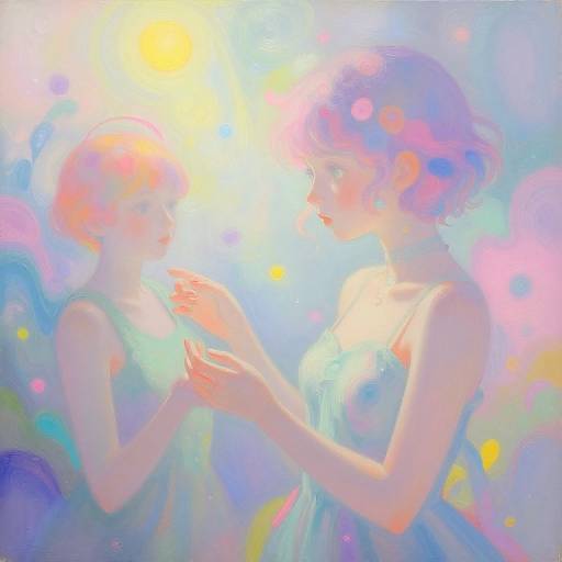 Digital painting of two ethereal, fair-skinned women with glowing hair, wearing translucent dresses, facing each other in a luminous, colorful background with