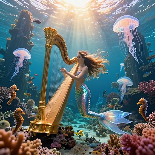 Ethereal Mermaid Harpist Underwater