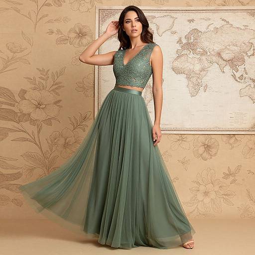 Photograph of a brunette woman in a teal, sleeveless, sequined crop top and flowing, pleated skirt, standing against floral wallpaper with a