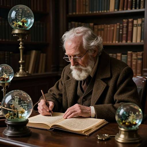 Elderly Scholar in Cyberpunk Library